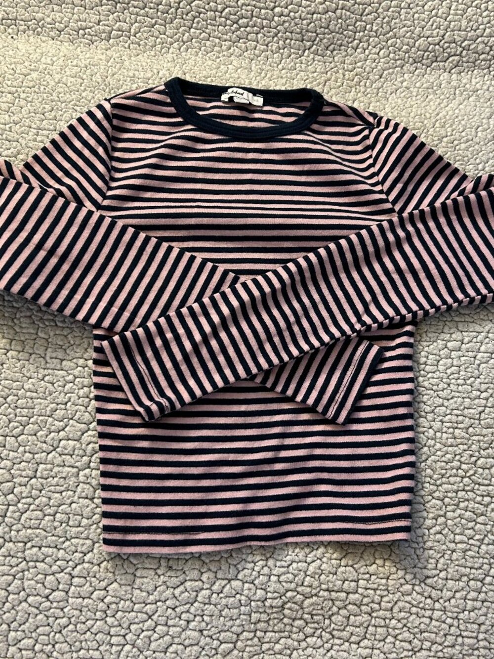 Subdued -- navy blue/ pink, stripes, lonsleeve top, Womens XS, 100% cotton